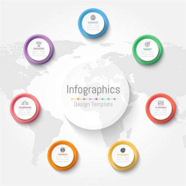 Infographic tasarım öğeleri iş verilerinizi 7 seçenekleri, parçalar, adımları, zaman çizelgeleri veya işlemleri ile için. Vektör çizim. Nasa tarafından döşenmiş bu görüntü Dünya Haritası