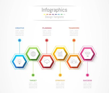 Infographic tasarım öğeleri iş verilerinizi 6 seçenekleri, parçalar, adımları, zaman çizelgeleri veya işlemler ile için. Vektör çizim.