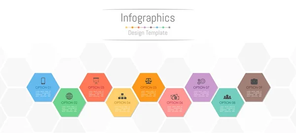 Infographic στοιχεία σχεδιασμού για τα επαγγελματικά δεδομένα με 9 επιλογές, τμήματα, βήματα, χρονοδιαγράμματα ή διαδικασίες. Εικονογράφηση διάνυσμα. — Διανυσματικό Αρχείο