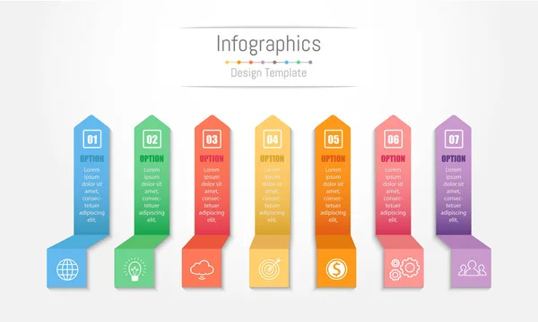 Éléments de conception d'infographie pour vos données d'entreprise avec 7 options, pièces, étapes, calendriers ou processus. Illustration vectorielle . — Image vectorielle