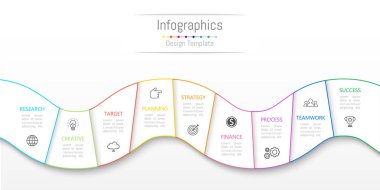 Infographic tasarım öğeleri iş verilerinizi 9 seçenekleri, parçalar, adımları, zaman çizelgeleri veya işlemler ile için. Vektör çizim.