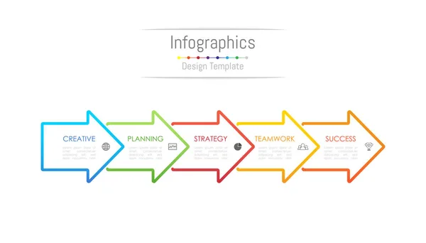 Infografische Gestaltungselemente für Ihre Geschäftsdaten mit 5 Optionen, Teilen, Schritten, Timelines oder Prozessen. Pfeilzeichenkonzept, Vektorillustration. — Stockvektor