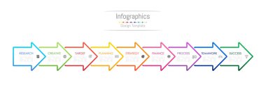 Infographic tasarım öğeleri iş verilerinizi 9 seçenekleri, parçalar, adımları, zaman çizelgeleri veya işlemler ile için. Ok işareti kavramı, vektör çizim.