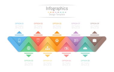 Infographic tasarım öğeleri iş verilerinizi 9 seçenekleri, parçalar, adımları, zaman çizelgeleri veya işlemler ile için. Vektör çizim.