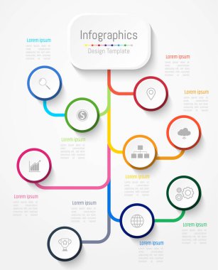 Infographic tasarım öğeleri iş verilerinizi 9 seçenekleri, parçalar, adımları, zaman çizelgeleri veya işlemler ile için. Vektör çizim.