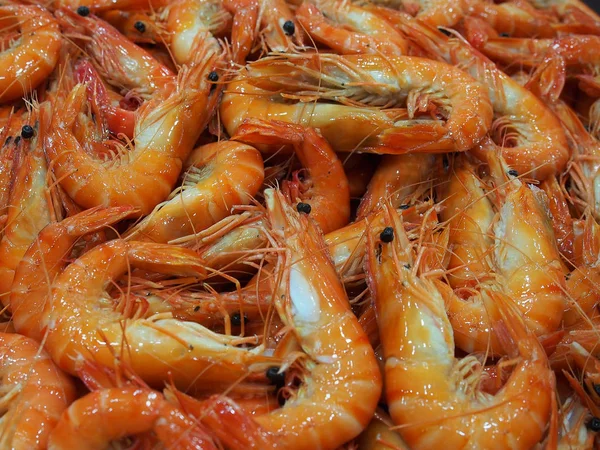 Gamberetti tigre cotti al mercato dei frutti di mare — Foto Stock