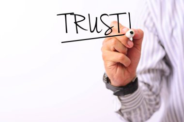 İşletme kavramı resmi bir el işareti ve üzerinde beyaz izole yazma güven holding