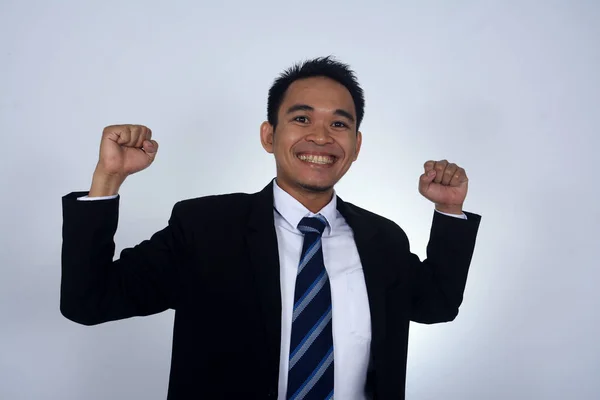 Ázsiai üzletember, és nagyon boldog gersture elszigetelt fehér fénykép kép — Stock Fotó