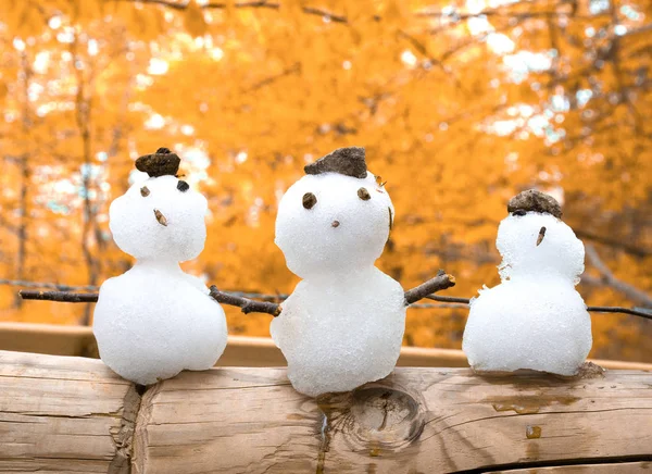 Drei Kleine Schneemänner Vor Goldenem Herbsthintergrund Als Frühwinter Oder Erster — Stockfoto