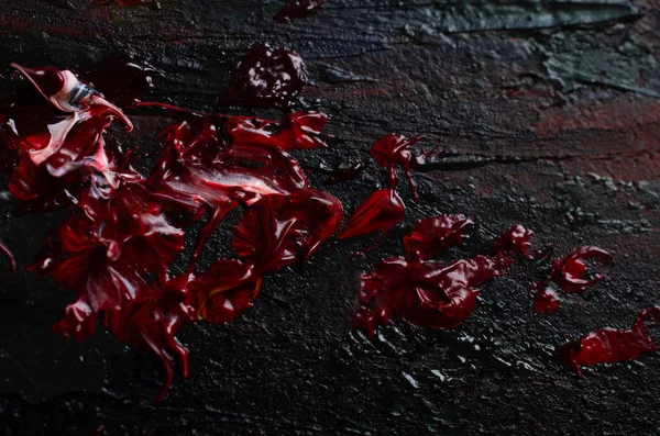 Smears Red Paint Resembling Blood Black Background 스톡 사진