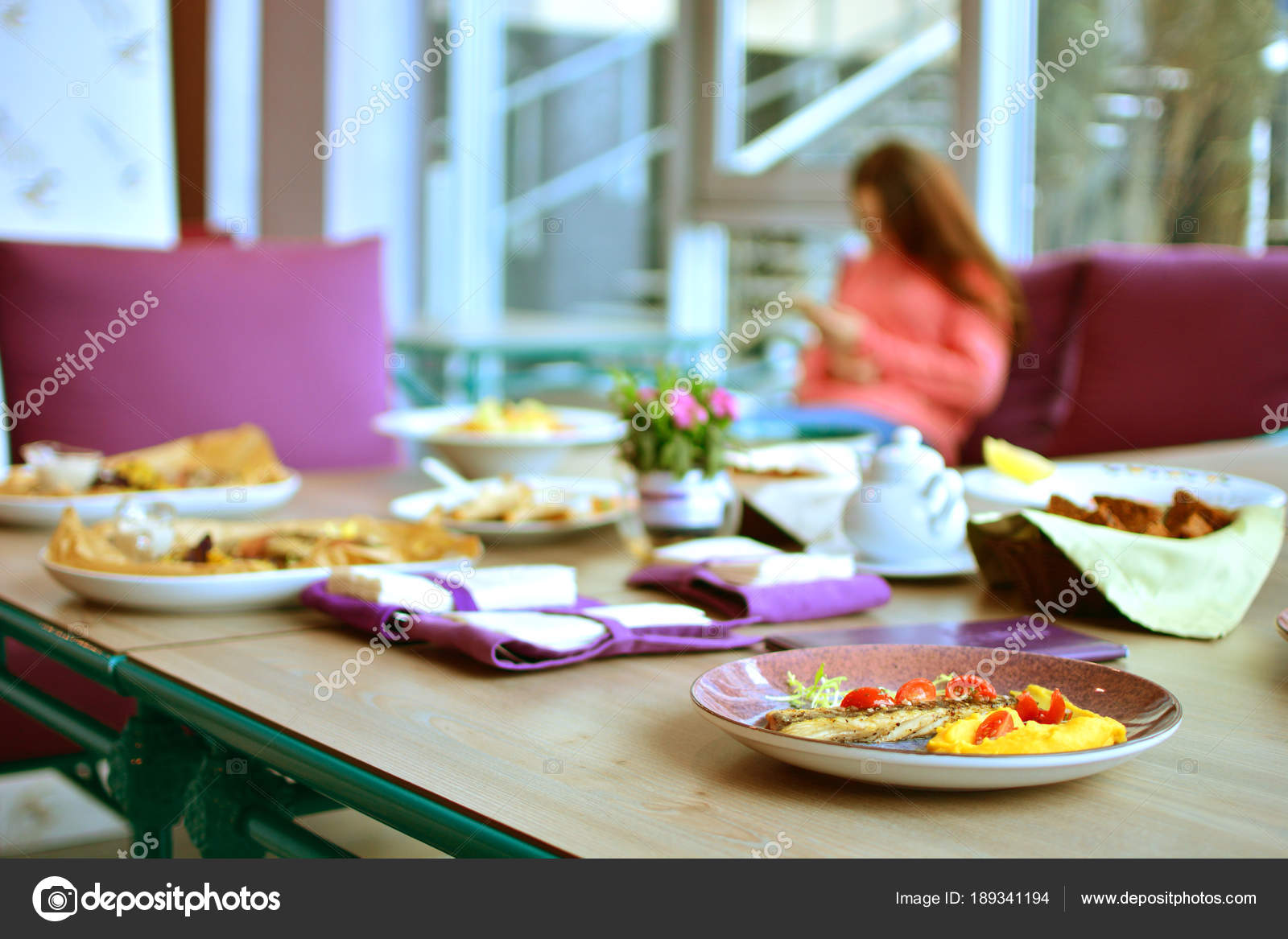 Served Table Tasty Dishes Girl Background Living Room Big