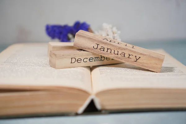 Classic literature. Open book with calendar wooden cubes.