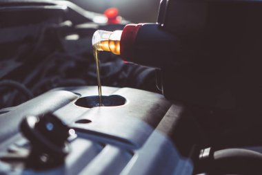 Motor yağı değişimi. Taze motor yağı teneke kutudan otomobil motoruna akıyor. Ayarlanmış.