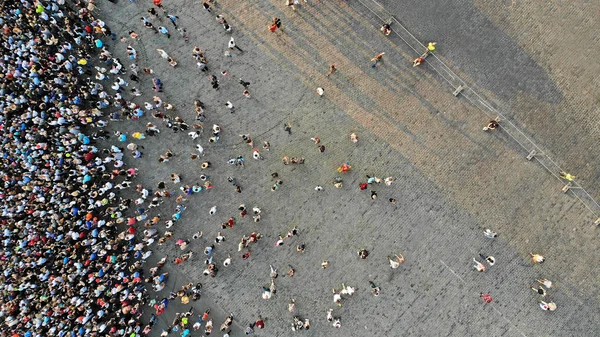 Aerial Interested Crowd People One Place Top View Drone — Stock Photo, Image