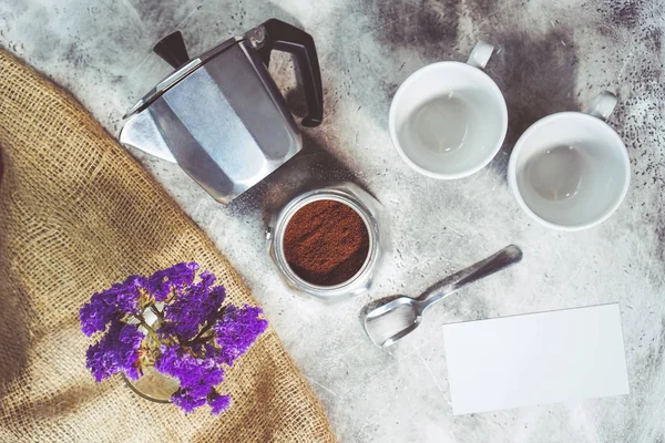 Beautiful Coffee Composition Empty Paper Blank Your Text Flat Lay — Stock Photo, Image