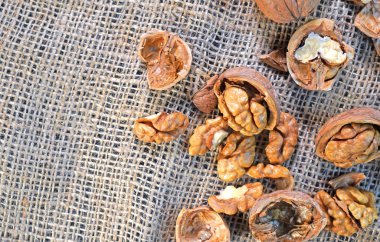 Walnuts on the sackcloth. Top view.
