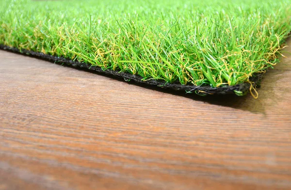 Artificial Grass Lie Wooden Background — 스톡 사진