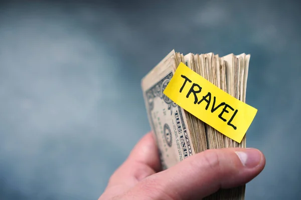 Dinero Para Concepto Viaje Con Billetes Dólar Una Mano Texto — Foto de Stock