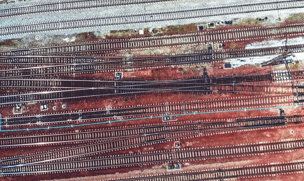 Flygplan Järnväg Järnvägsspår Ovanifrån Från Drönaren Tonad — Stockfoto