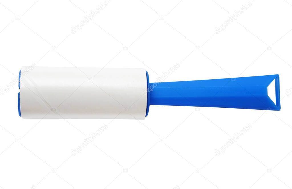 Clothes lint roller with blue handle isolated on white 