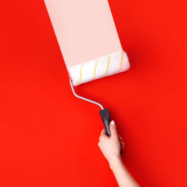 Duvar boyası. Ev dekorasyonu konsepti. Boya silindirli bir kadın. Kare yönelimi.