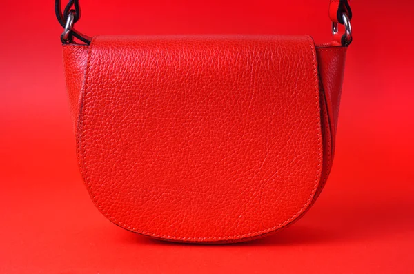 Empty Red Leather Bag Red Background Copy Space — Stock Photo, Image