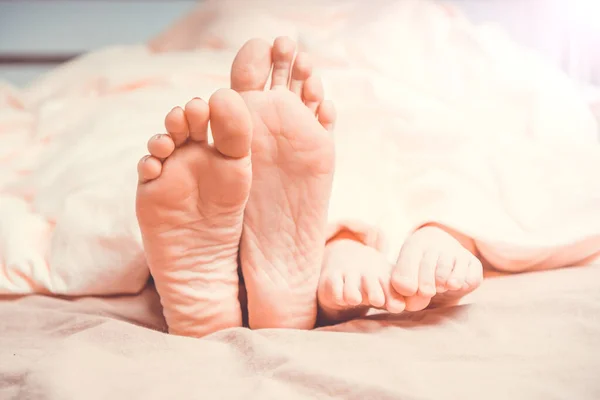 Mom and baby feet peeking out from under the blanket. Cozy morning in comfortable bed.