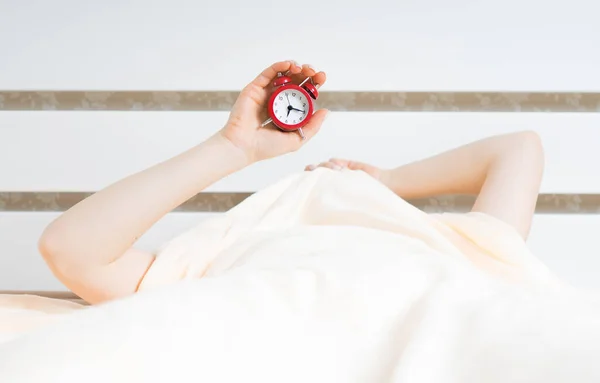 Hands Woman Alarm Clock Blanket Early Morning Wake Background — Stock Photo, Image