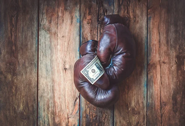 Sports Betting Concept Retro Boxing Gloves One Dollar Bill Wooden — Stock Photo, Image