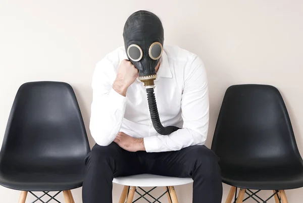 Coronavirus Quarantine Period Concept Fashion Man Gas Mask Sitting Chair — Stock Photo, Image