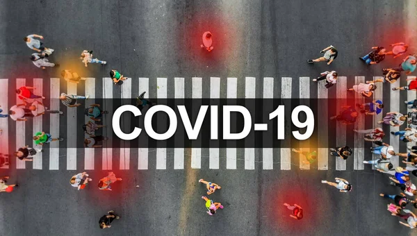 Coronavirus Spread Concept Aerial Pedestrians Marked Red Yellow Zebra Crosswalk — Stock Photo, Image