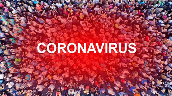 Coronavirus Difundir Concepto Con Gente Multitud Aérea Texto Coronavirus Reunión — Foto de Stock