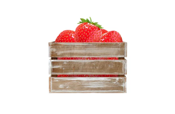 Wooden box filled with juicy strawberries isolated on white — Stock Photo, Image