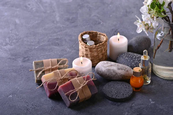 Spa and relax concept with handmade soap, candles and other spa products