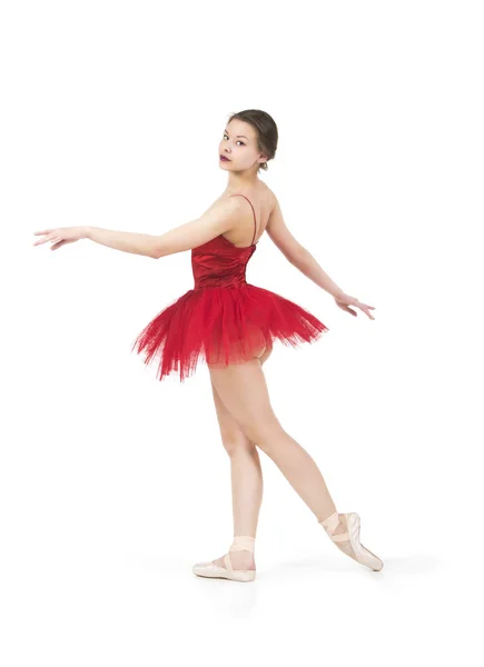 Unga ballerina i en röd tutu. — Stockfoto