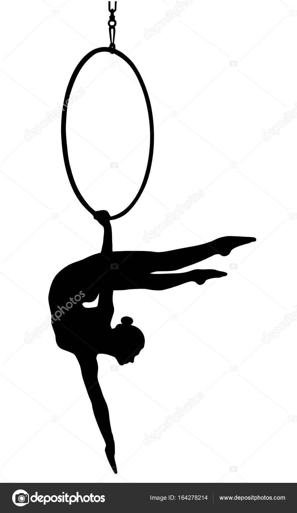 Sports woman, performance and ring in the air for gymnastics show. Fitness  girl doing artistic pose