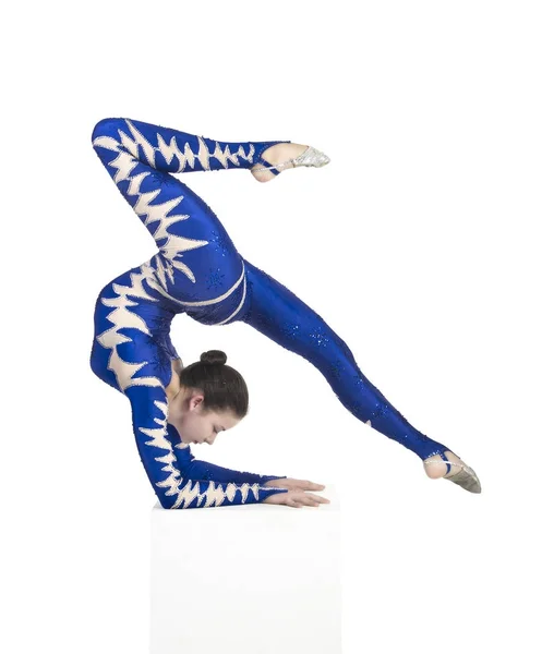 Acrobat, a circus artist in a blue suit. — Stock Photo, Image