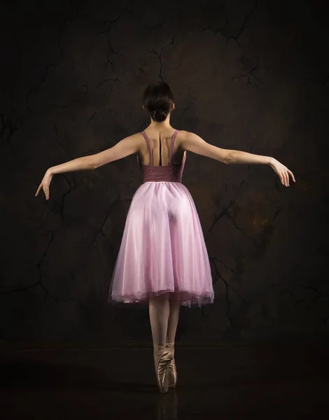 Uma menina esbelta em uma saia rosa e bege top dança balé . — Fotografia de Stock