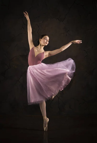 Una ragazza snella in gonna rosa e balletto beige . — Foto Stock