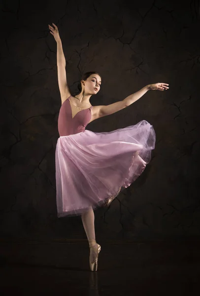 Uma menina esbelta em uma saia rosa e bege top dança balé . — Fotografia de Stock