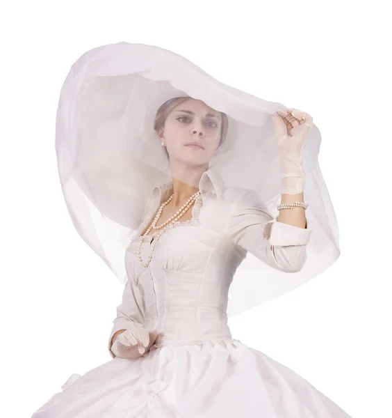 Retrato de una chica encantadora en un vestido blanco en estilo retro, la novia en un vestido retro . — Foto de Stock