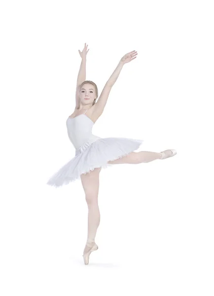 Uma Rapariga Cabelo Comprido Num Ballet Dança Tutu Branco Estúdio — Fotografia de Stock