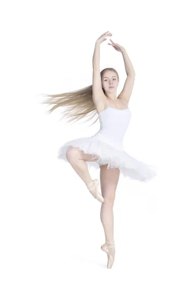 バレエを踊る白いチュチュには 長い髪を持つ少女 白い背景に 孤立した画像に撮影スタジオ — ストック写真
