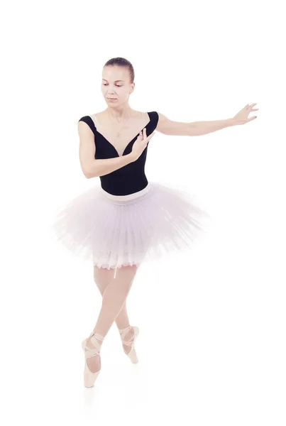Nádherná Ballerina Bílém Školném Baletu Studiová Střela Bílém Pozadí Izolované — Stock fotografie