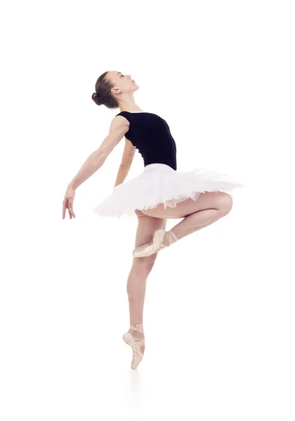 Nádherná Ballerina Bílém Školném Baletu Studiová Střela Bílém Pozadí Izolované — Stock fotografie