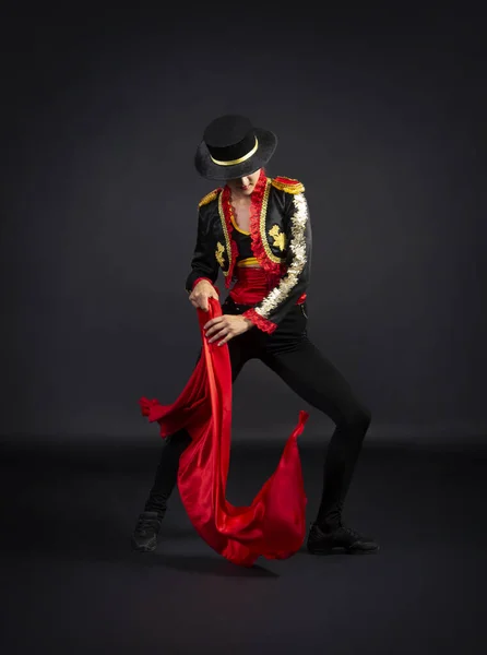 Plastic Girl Gracefully Dancing Stage Costume Stylized Bullfighter Studio Shooting Stock Picture