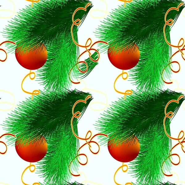 Decorative seamless pattern Christmas fir branch with red ball — Stock Photo, Image