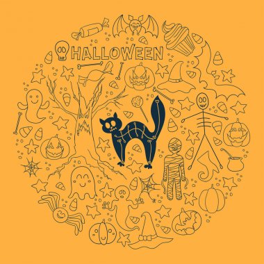 Cadılar Bayramı vektör arka plan. Yuvarlak vektör tasarım öğeleri kümesi. Çizgi resim kartı, poster, tekstil, kağıt için yazdırma.