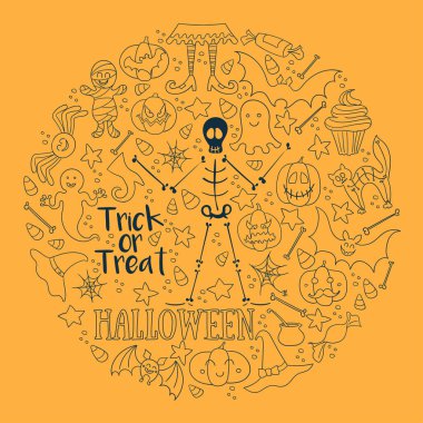 Cadılar Bayramı vektör arka plan. Yuvarlak vektör tasarım öğeleri kümesi. Çizgi resim kartı, poster, tekstil, kağıt için yazdırma.