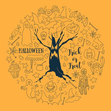 Cadılar Bayramı vektör arka plan. Yuvarlak vektör tasarım öğeleri kümesi. Çizgi resim kartı, poster, tekstil, kağıt için yazdırma.